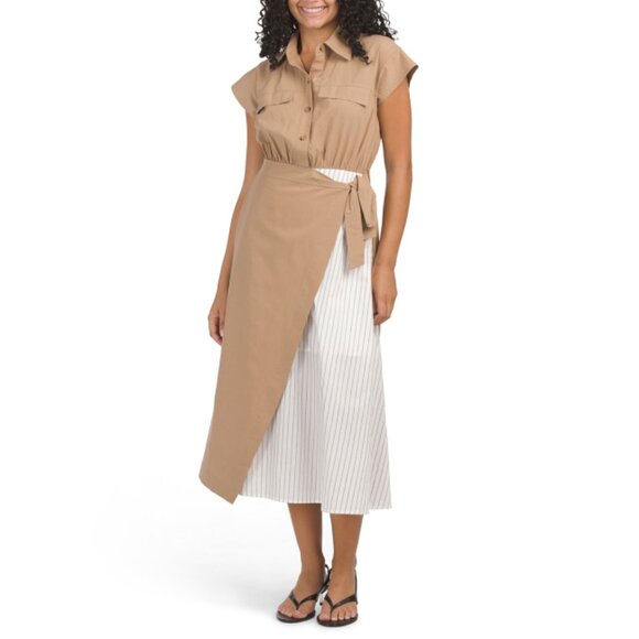 ZOE & CLAIRE Khaki Short Sleeve Color Block Wrap Style Dress - Picture 1 of 2